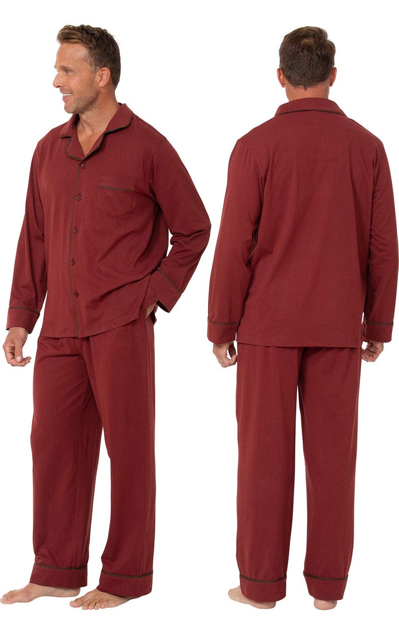 PajamaGram Mens Pajama Set Cotton - Mens PJ Sets, Long Sleeve, Brick, XL - Image 2
